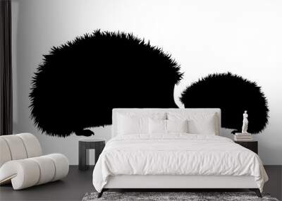 Vector silhouette of hedgehog on white background. Symbol of forest´s animal. Mother and baby stay together. Wall mural