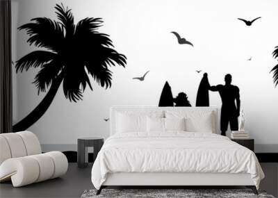 Vector silhouette of surfers on palm beach on white background. Symbol of nature and sport. Wall mural