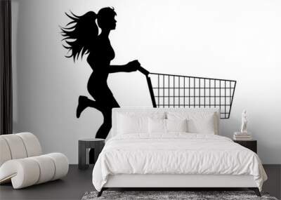 Vector silhouette of woman running and push shopping cart on white background. Symbol of shop accessories and sale. Wall mural