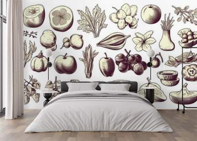 A collection of carefully detailed vintage black and white fruit illustrations with a historical touch Wall mural