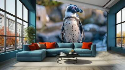 An individual penguin stands proudly on a rock in a natural setting, displaying the beauty and tranquility of wildlife in their natural habitat. The background adds depth. Wall mural