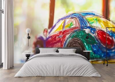 Colorful Crayon Car Drawing Wall mural