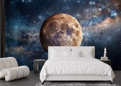 The image depicts an Earth-like moon with a detailed surface, positioned against a stunning galaxy backdrop, emphasizing the beauty and enigma of the universe. Wall mural