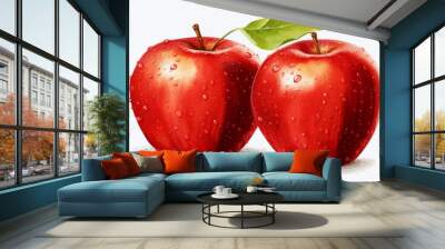 two ripe red apples with realistic water drops, one with a green leaf, against a white background Wall mural