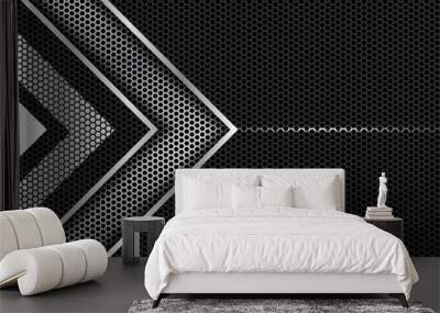 Black abstract silver technology geometric background. Line metallic shape with light hexagon pattern composition Wall mural