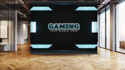 Futuristic black and blue gaming banner design template with metal technology concept. Vector illustration for business corporate promotion, game header social media, live streaming background Wall mural