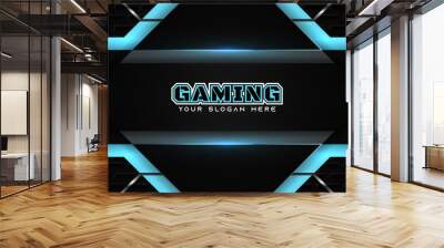 Futuristic black and blue gaming banner design template with metal technology concept. Vector illustration for business corporate promotion, game header social media, live streaming background Wall mural