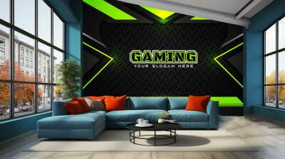 Futuristic green abstract gaming banner design template with metal technology concept. Vector illustration for business corporate promotion, game header social media, live streaming background Wall mural