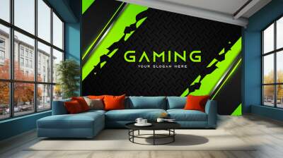 Futuristic green and black abstract gaming banner design with metal technology concept. Vector illustration for business corporate promotion, game header social media, live streaming background Wall mural