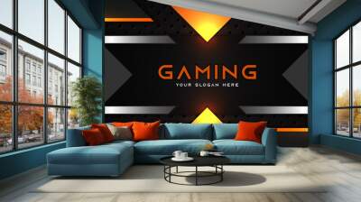 Futuristic orange and black abstract gaming banner design template with metal technology concept. Vector graphic for business corporate promotion, game header social media, live streaming background Wall mural