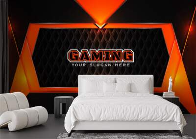 Futuristic orange and black abstract gaming banner design template with metal technology concept. Vector layout for business corporate promotion, game header social media, live streaming background Wall mural