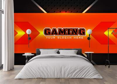 Futuristic orange and black abstract gaming banner design with metal technology concept. Vector illustration for business corporate promotion, game header social media, live streaming background Wall mural