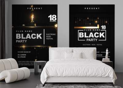 Luxury night dance party music layout cover design template background with elegant black and gold style. Light electro style vector for music event concert disco, club invitation, festival poster Wall mural