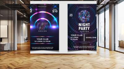 Night dance party music poster flyer layout design template background with neon light and dynamic style. Colorful electro style vector for concert disco, club party, event invitation, cover festival Wall mural