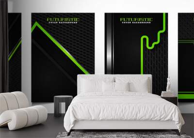 Set of futuristic abstract geometric cover design background with black, green, and silver metallic technology style. Vector layout template for business brochure, sport poster, automotive promotion Wall mural