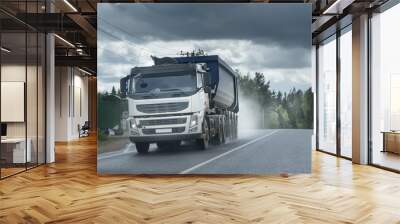 big dump truck goes in the evening on highway Wall mural