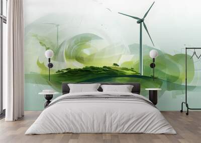 Windmill and graphic diagram of air currents that produce green energy. Green energy power production it is future. generative AI. Wall mural