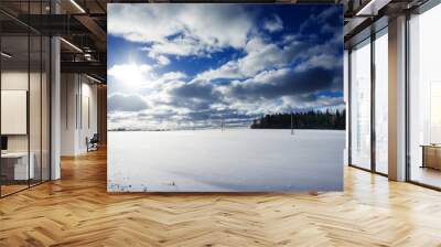 Winter landscape with snow covered countryside. European winter landscape. Blue sky, bright sun and white snow. Wall mural