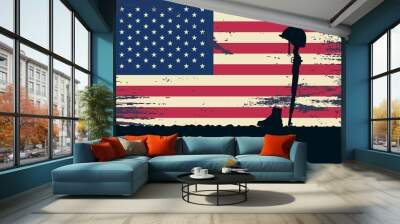 Memorial day with, vector image, poster and banner for the holiday and sales day. American flag on the background of a wooden board with the inscription. Wall mural