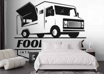 Vector logo in monochrome style. Black and white illustration on the theme of private business. Family business. Food truck. Fast food, a car with food. Vegetable groceries. Image for logo, emblem. Wall mural