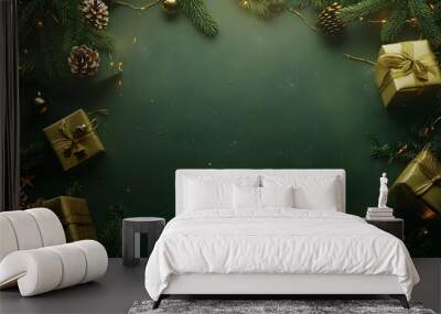 A festive arrangement of gold-wrapped gifts, pinecones, and greenery for a holiday celebration. Wall mural