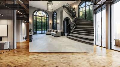 Elegant foyer with a grand staircase and large windows, showcasing modern design elements. Wall mural