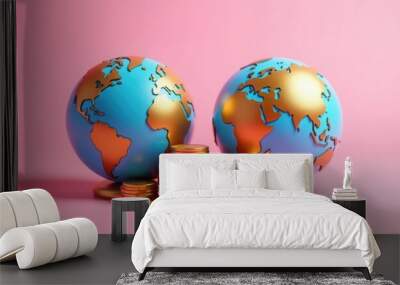 A creative representation of global finance, featuring two globe models surrounded by coins on a pink background. Perfect for finance, education, and global business themes. Wall mural