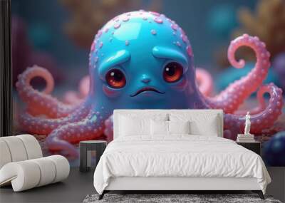 A cute, colorful octopus with big eyes and a sad expression, set against a vibrant underwater background. Perfect for children's illustrations, aquatic themes, or emotional storytelling. Wall mural