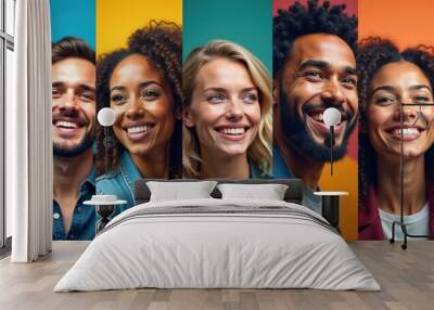 A diverse group of smiling individuals share positive energy against vibrant backgrounds, representing joy, unity, and multicultural connection. Wall mural