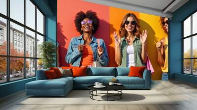 A group of fashionable women joyfully enjoying a shopping day against colorful backdrops, showcasing friendship, style, and vibrant energy. Wall mural