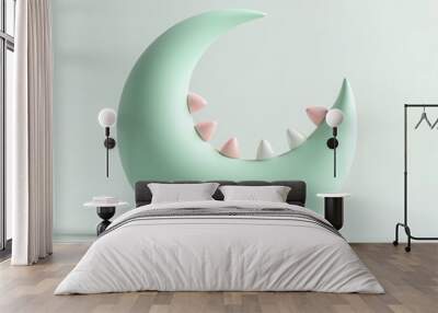 A playful, modern sculpture featuring a mint green crescent with tooth-like details, perfect for contemporary art, interior design, or children's decor. Wall mural