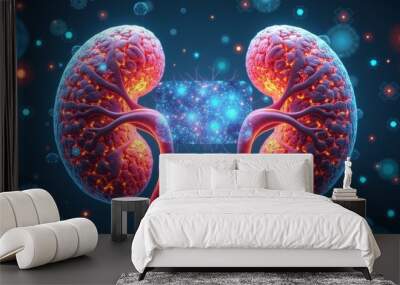 A vibrant, digitally rendered illustration of human kidneys showcasing their structure and biological function, perfect for medical and educational purposes. Wall mural