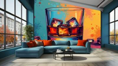 A vibrant illustration featuring a glass of whiskey with ice cubes, perfect for bar menus, promotions, or beverage marketing. Wall mural