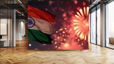 Celebrate India's spirit with a vibrant display of fireworks behind the national flag, symbolizing unity and pride during festivals and national events. Wall mural