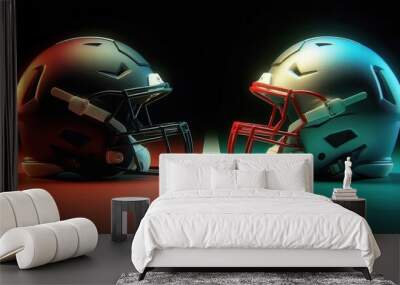 Dynamic close-up of two football helmets under dramatic lighting, symbolizing competition and strategy in sports. Wall mural