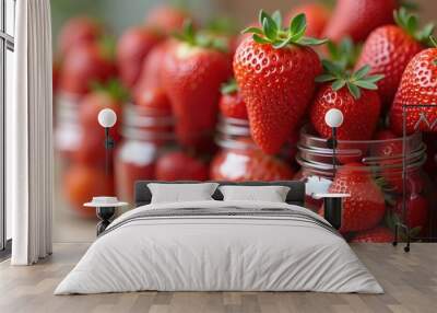 Fresh, vibrant strawberries in jars, perfect for food-related projects, recipes, or marketing fresh produce. Wall mural