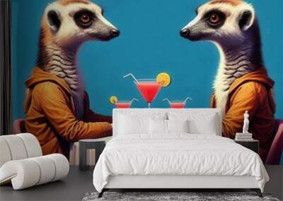 Playful illustration of two anthropomorphic meerkats enjoying cocktails at a table, perfect for creative projects and advertising in hospitality or animal-related themes. Wall mural