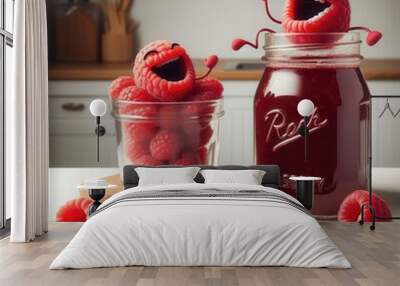 Playful raspberry characters joyfully celebrate beside a jar of raspberry jam, perfect for food marketing, packaging, and children's products. Wall mural