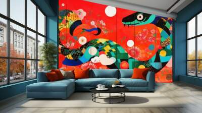 Vibrant abstract mural featuring a snake, blending colors and patterns against a red backdrop. Perfect for creative projects, art promotion, or cultural themes. Wall mural