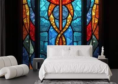 Vibrant stained glass window featuring intricate designs and a brilliant color palette, ideal for religious architecture or artistic decoration. Wall mural