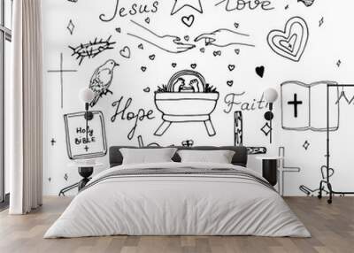 Doodle christian set.Line art hand drawn illustration. Wall mural