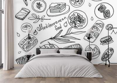 Doodle mediterranean food set.Food  theme.Hand drawn doodle set. Wall mural