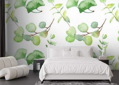 Seamless pattern green leaves trees and branches, foliage of natural branches, green leaves, herbs, tropical plants hand drawn watercolor on white background. Wall mural