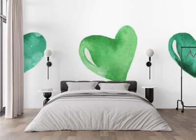 Watercolor central border template of colorful hearts of gree shades on white background. Beautiful decorative elements in shape of hearts in row isolated on white backround. Wall mural