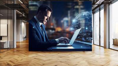 Artificial Intelligence AI, Internet of Things IoT concept. Business man using smartphone, laptop computer on technology background. generative ai. Wall mural