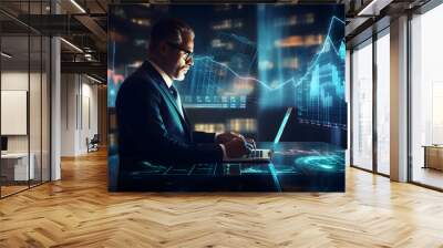 Businessman analysing economic growth graph financial data. Stock market investment. Financial and banking Technology. Business strategy and digital marketing concept. generative ai. Wall mural