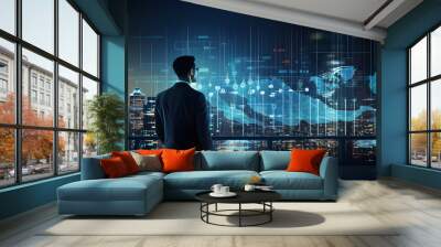 Businessman analysing economic growth graph financial data. Stock market investment. Financial and banking Technology. Business strategy and digital marketing concept. generative ai. Wall mural