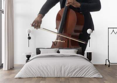 Full length portrait of a african american musician in a black suit and bow-tie playing a cello isolated on white background Wall mural