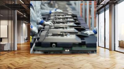 Line Assembly of TVs. Selective focus in the center Wall mural