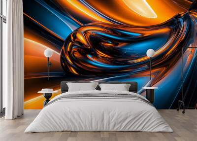 Curved Abstraction in Warm Tones, a vibrant blend of dark orange and sky-blue, featuring smooth lines and circular forms in ultrafine detail. Wall mural